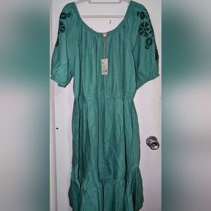 NWT Knox Rose Teal Blue Floral Embroidered Boho Midi Dress 3X Plus Size $35